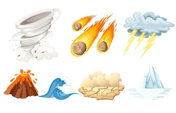 Natural cataclysm icons set. Tsunami wave, tornado swirl, flame meteorite, volcano eruption, sandstorm, deglaciation, storm. Cartoon style color icon. Vector illustration isolated on white background — Stock Vector