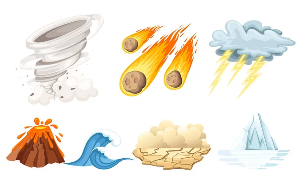 Ensemble d'icônes de cataclysme naturel. Onde de tsunami, tourbillon de tornade, météorite de flamme, éruption volcanique, tempête de sable, déglaciation, tempête. icône de couleur de style dessin animé. Illustration vectorielle isolée sur fond blanc — Image vectorielle