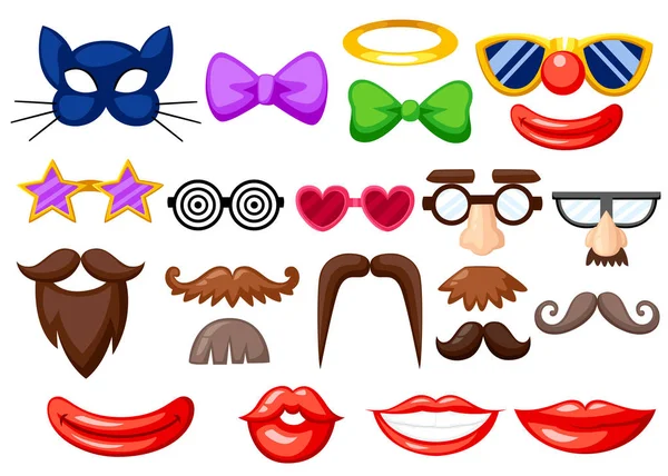 Set of fun masks. Party Birthday photo booth props. Mustache, spectacles, bow tie and mouths in cartoon style. Vector illustration isolated on white background — Stock Vector