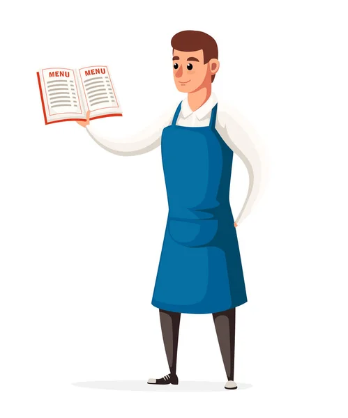 Σερβιτόρος κρατά το μενού του εστιατορίου. Σερβιτόρος με μπλε ποδιά. Σχεδιασμός χαρακτήρων κινουμένων σχεδίων στιλ. Εικονογράφηση φορέα που απομονώνονται σε λευκό φόντο ιστοσελίδα σελίδα και σχεδίαση εφαρμογής για κινητά — Διανυσματικό Αρχείο
