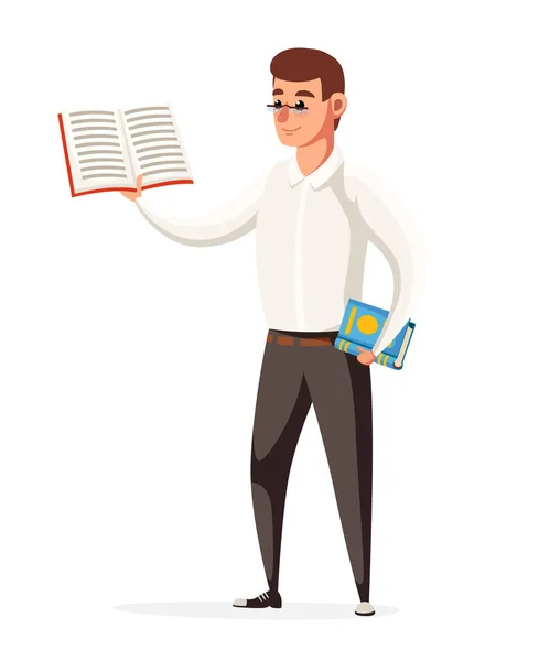 Mannelijke leraar houdt het leerboek. Leraar met een bril. Cartoon stijl Characterdesign. Vectorillustratie geïsoleerd op een witte achtergrond websitepagina en mobiele app design — Stockvector