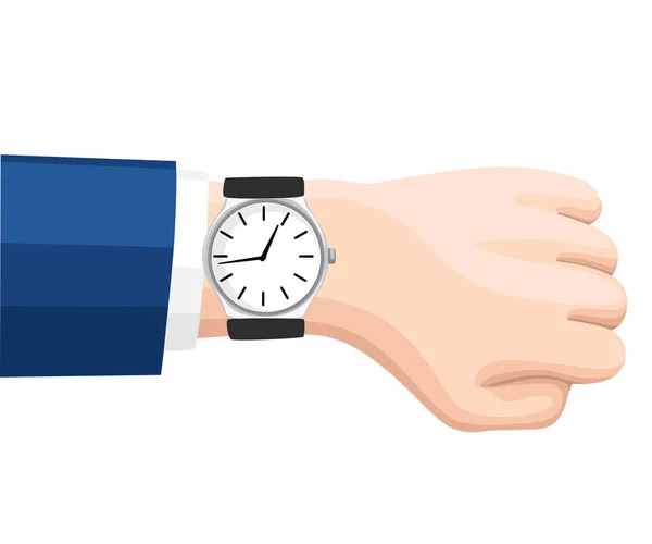 소송에서 사업가의 손으로 손목 시계입니다. 손목 시계에 시간입니다. 시간 관리 개념입니다. 벡터 그림을 흰색 배경에 고립입니다. 웹 사이트 페이지 및 모바일 애플 리 케이 션 디자인 — 스톡 벡터
