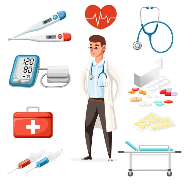 Male doctor with stethoscope. Medical icons on background. Cartoon style character design. Vector illustration isolated on white background website page and mobile app design — Stock Vector