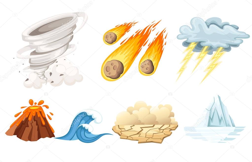 Natural cataclysm icons set. Tsunami wave, tornado swirl, flame meteorite, volcano eruption, sandstorm, deglaciation, storm. Cartoon style color icon. Vector illustration isolated on white background