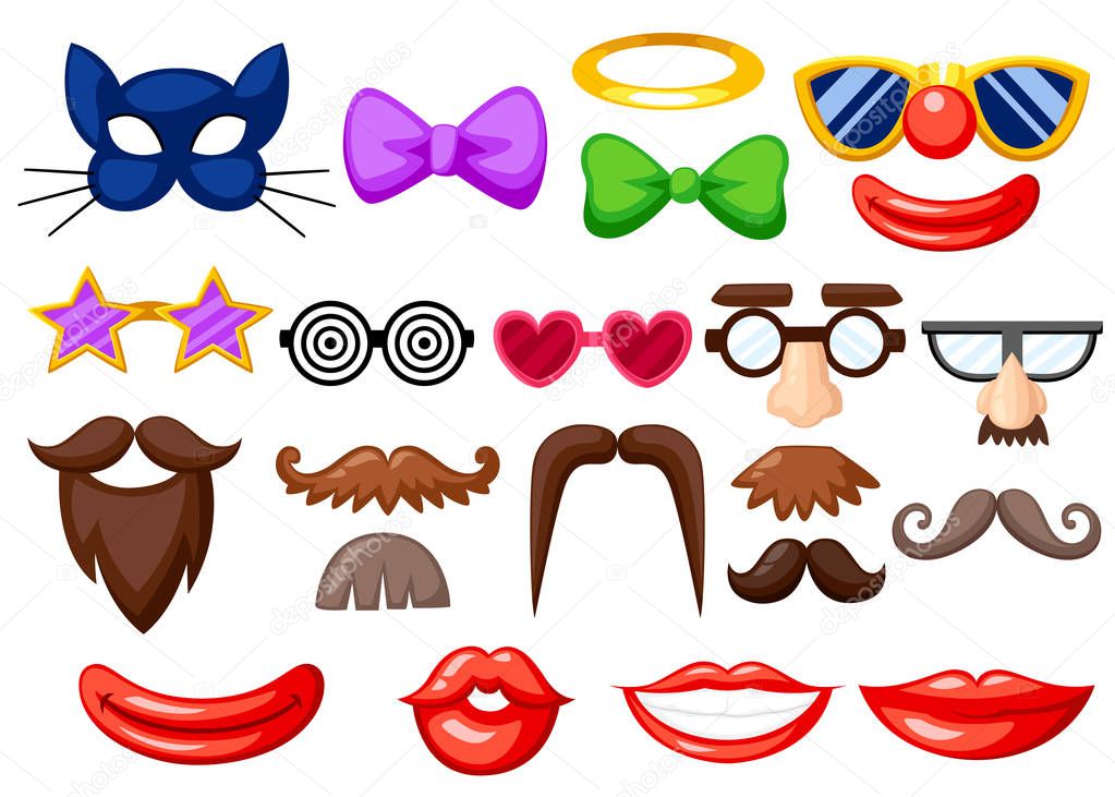 Set of fun masks. Party Birthday photo booth props. Mustache, spectacles, bow tie and mouths in cartoon style. Vector illustration isolated on white background