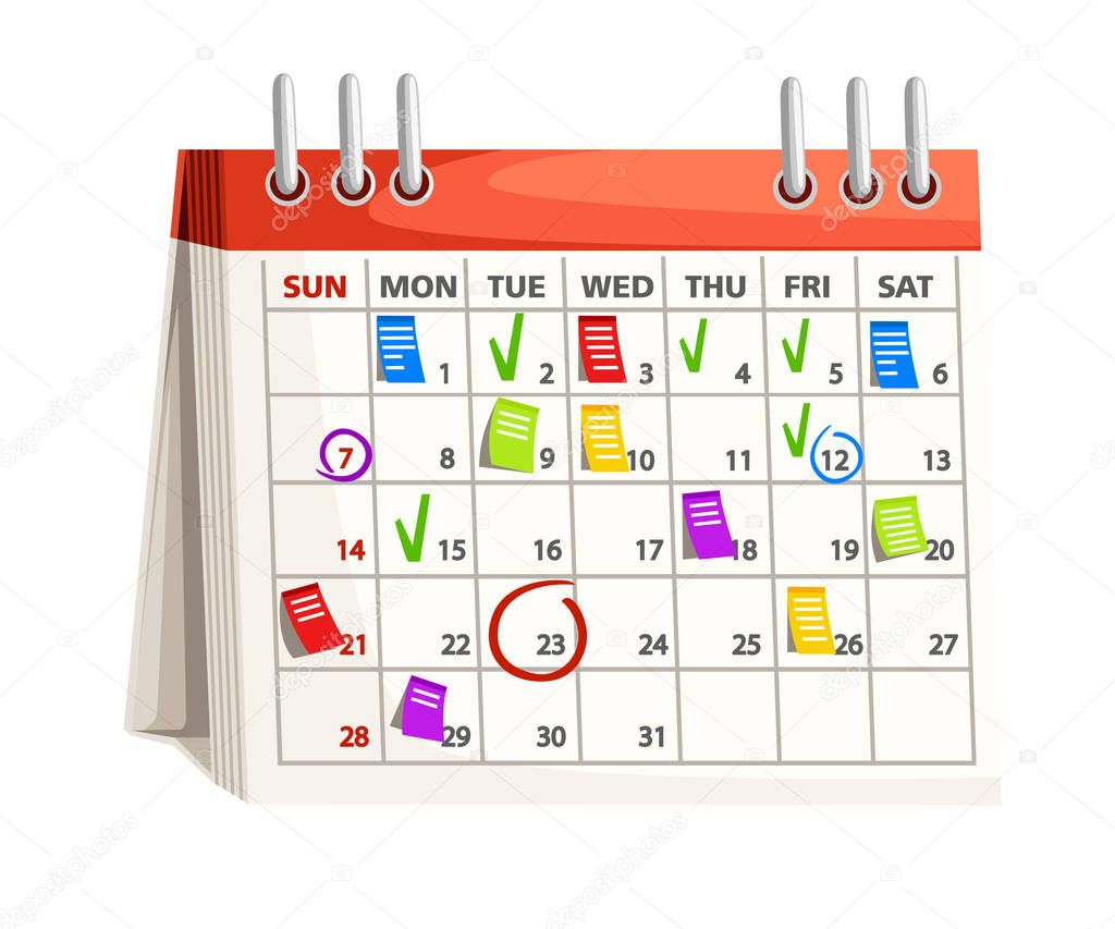 Calendar with marks. Notes on calendar dates. Planning concept. Vector illustration isolated on white background