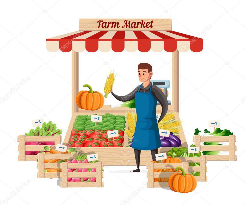 Farmer vegetable seller at the counter organic food farm. Street seller