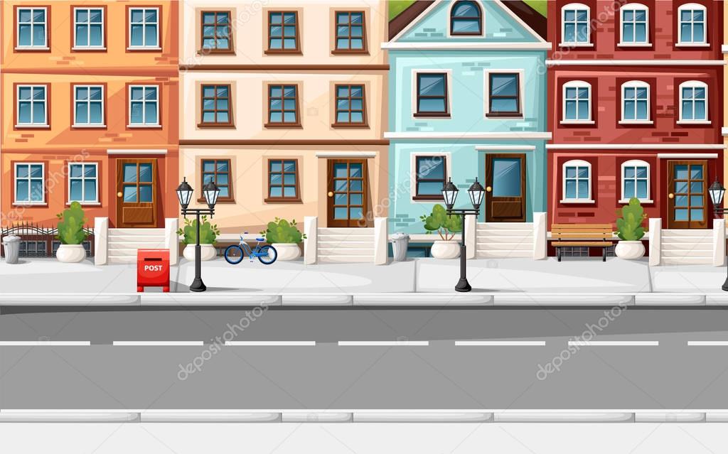 Street with colorful houses fire hydrant lights bench red mailbox and bushes in vases cartoon style vector illustration website page and mobile app design