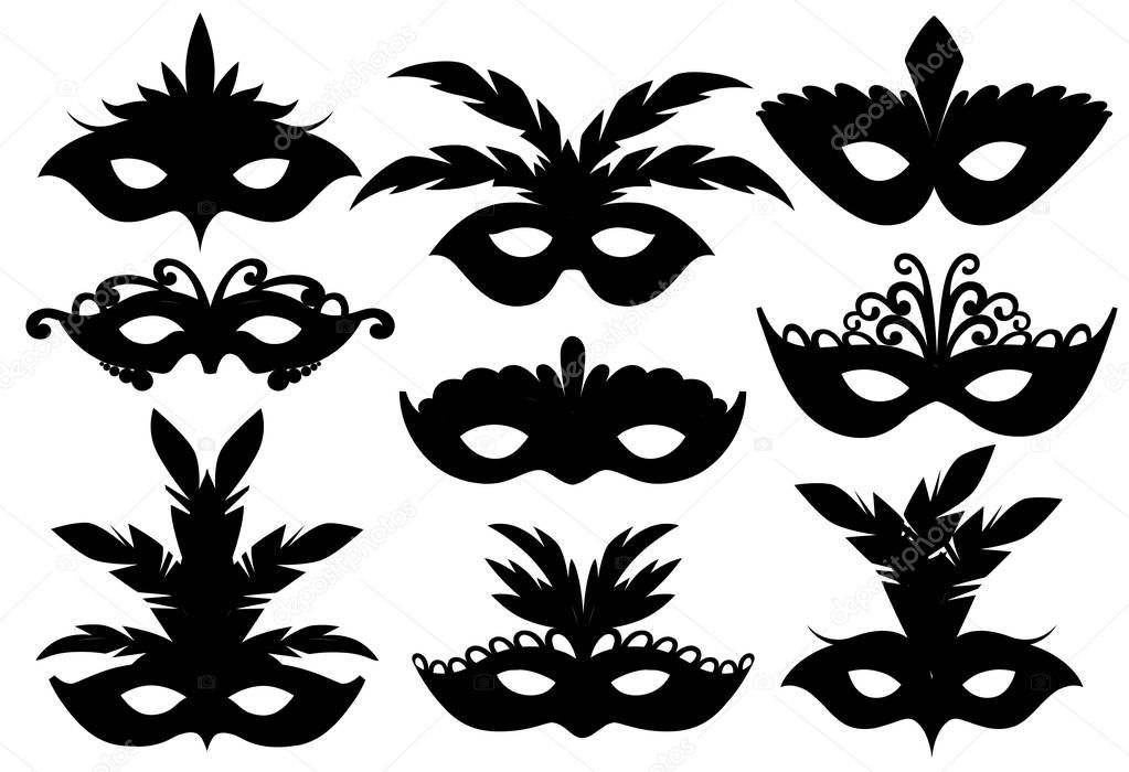 Black silhouettes. Set of carnival face masks. Masks for party decoration or masquerade. Mask with feathers. Vector illustration isolated on white background. Web site page and mobile app design