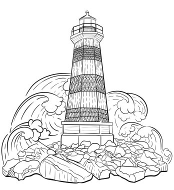 El sanatsal etnik dekoratif desenli deniz feneri zentangle kabile stili yetişkin boyama kitabı, sayfa, dövme, t-shirt veya parmak izi için çekilmiş. Deniz vektör çizim