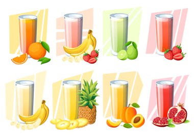 Suları ve smoothies kümesi. Taze meyve bardakta içerim. Şeftali, çilek, muz, limon, nar, portakal, ananas. Beyaz arka plan üzerinde izole vektör çizim