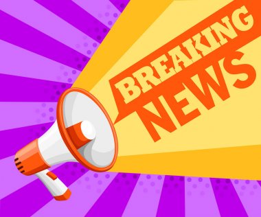 Renkli beyaz megafon. Megafon için protesto mitingleri veya kamu konuşma için ses yükseltecek. Son dakika haber kavramı. Vektör çizim mor zemin üzerine. Web sitesi sayfası ve mobil uygulaması