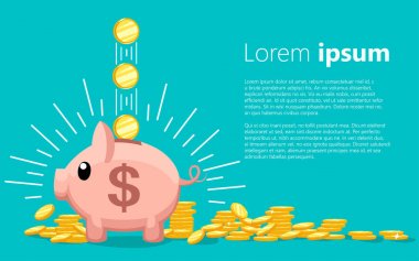 Pembe madeni para kutusu. Düşme ile kumbara altın sikke. Kurtarma veya Kaydet para veya açık bir banka mevduat kavramı. Turkuaz arka plan üzerinde metin için yer ile vektör çizim