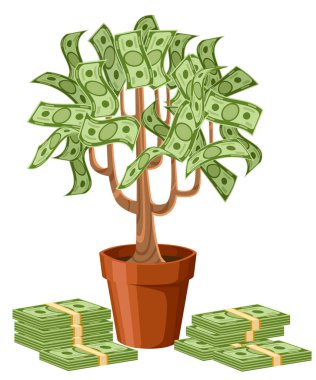 Para ağacını. Yeşil nakit banknot. Ağaç seramik bir tencerede. Beyaz arka plan üzerinde izole vektör çizim. Web sitesi sayfası ve mobil uygulaması tasarım