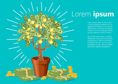 Para ağacını. Altın sikke ile yeşil nakit banknot. Ağaç seramik bir tencerede. Vektör çizim turkuaz arka plan üzerinde metin için yer ile. Web sitesi sayfası ve mobil uygulaması tasarım
