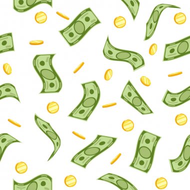 Seamless modeli. Para yağmur desen. Beyaz zemin üzerine altın sikke ile düşen Doları banknot. Gösterim amacıyla kredi, tasarruf, başarı, hayırsever kavramları