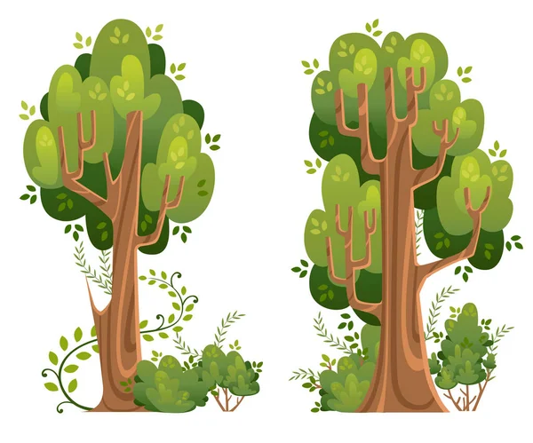 Літні дерева і кущі в мультиплікаційному стилі. Зелені ділянки. Векторні ілюстрації ізольовані на білому тлі. Сторінка веб-сайту та дизайн мобільних додатків — стоковий вектор