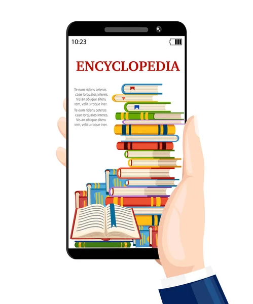 Mano mantiene el teléfono inteligente con libros digitales. Concepto de biblioteca en línea. Lee la enciclopedia en la web. Diseño de estilo de dibujos animados. Ilustración vectorial aislada en la página web de fondo blanco y aplicación móvil — Vector de stock