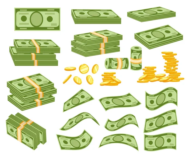 Stel een divers soort geld. Verpakking in bundels van bankbiljetten, facturen vliegen, gouden munten. Vectorillustratie geïsoleerd op een witte achtergrond. Pagina website en mobiele app design — Stockvector