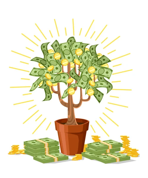 Δέντρο χρήματα. Πράσινο μετρητά τραπεζογραμμάτια με χρυσά νομίσματα. Δέντρο σε κεραμικό κασπώ. Εικονογράφηση διάνυσμα που απομονώνονται σε λευκό φόντο. Σελίδα τοποθεσίας Web και σχεδίαση εφαρμογής για κινητά — Διανυσματικό Αρχείο