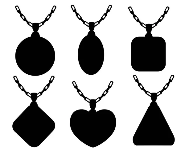 Zwarte silhouet. Set van gouden sieraden. Kettingen collecties met vierkant, cirkel, hart en driehoek diamant hangers. Keten cartoon design. Vectorillustratie geïsoleerd op witte achtergrond — Stockvector