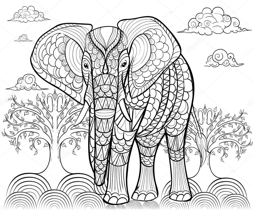 Greeting Beautiful card with Elephant. Frame of animal made in vector. Perfect cards, or for any other kind of design, birthday and other holiday.Seamless hand drawn map with Elephant