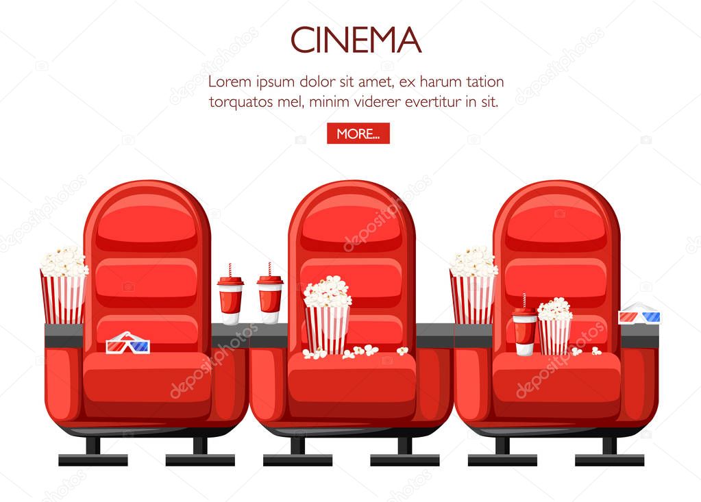 Cinema concept. Auditorium and three red comfortable armchairs in the cinema. Drinks and popcorn, glasses for movie. Cartoon cinema seats illustration. Vector illustration on white background
