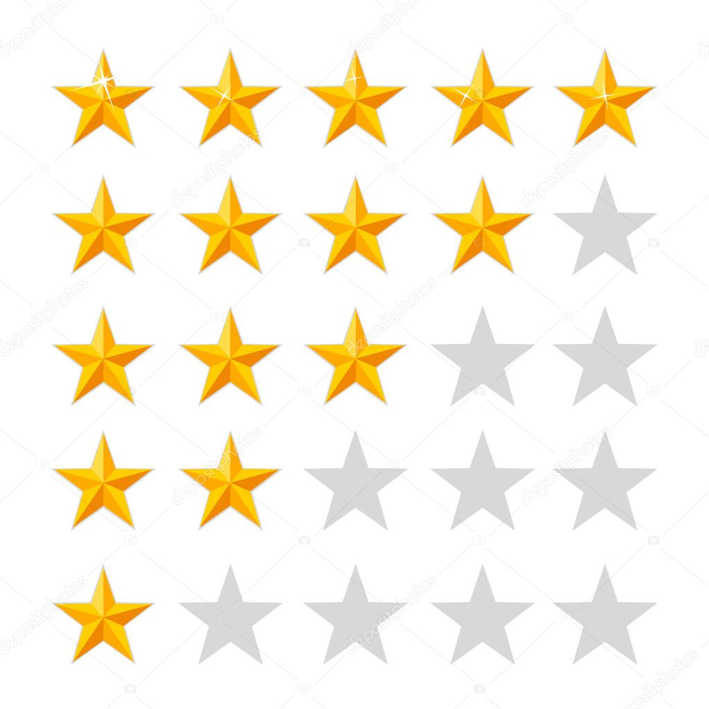 Golden star rating icon. Isolated badge set. Quality, feedback, experience, level concepts. Vector illustration isolated on white background. Web site page and mobile app design