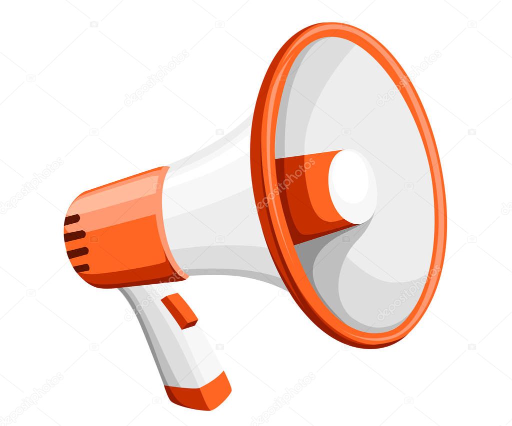 Colorful white megaphone. Bullhorn for amplifying the voice for protests rallies or public speaking. Vector illustration isolated on white background. Web site page and mobile app design.