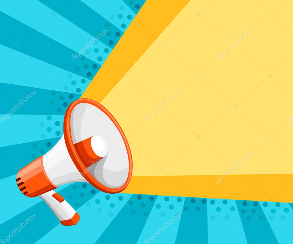 Colorful white megaphone. Bullhorn for amplifying the voice for protests rallies or public speaking. Vector illustration on turquoise background. Web site page and mobile app design.