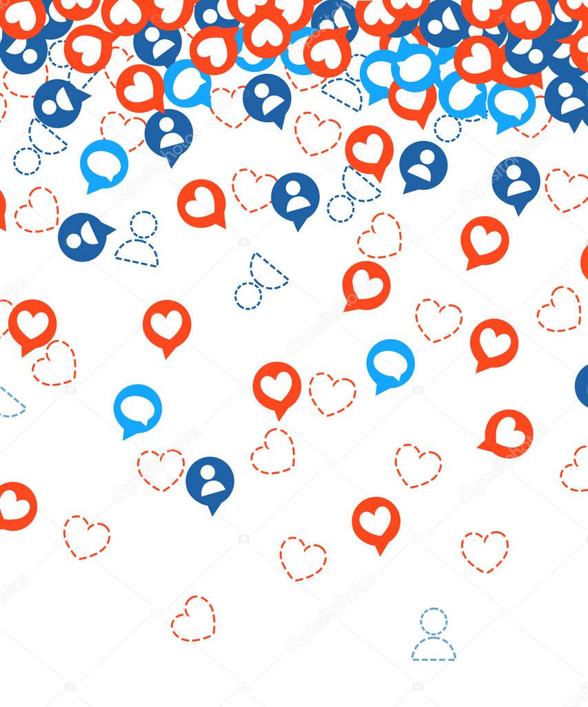 Get more likes. Red and blue icons falling. SEO concept. Design elements for social network,marketing. Vector illustration on white background. Web site page and mobile app design.