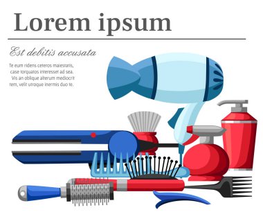 Profesyonel kuaför ve Kuaför ekipmanları araçlar koleksiyonu. Beyaz arka plan üzerinde metin için yer ile vektör çizim. Web sayfası ve mobil uygulaması tasarım