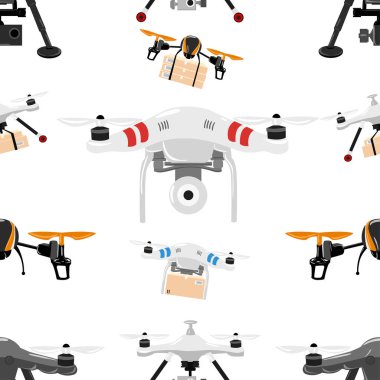 Dikişsiz desen quadrocopter üzerinde. Uçan hava dron. Quadrocopters kargo taşıma ve bir fotoğraf makinesi aldı. Beyaz arka plan üzerinde vektör çizim. Web sitesi sayfası ve mobil uygulaması tasarım
