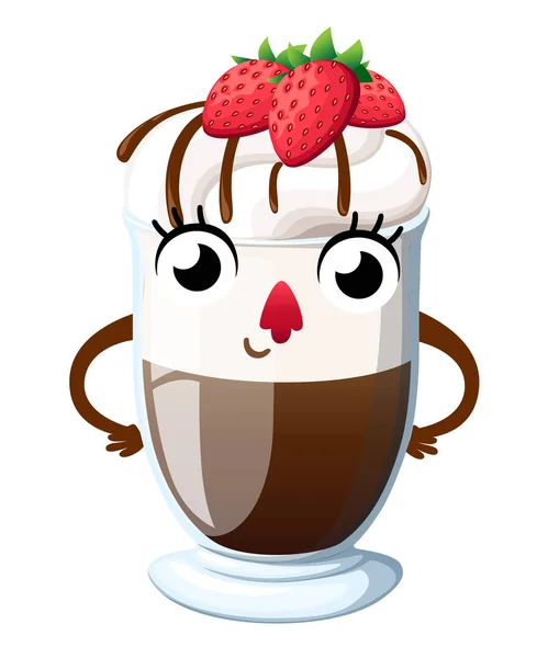 Chocolate caliente con crema batida y fresa. Diseño de personajes de estilo de dibujos animados. Mascota con la cara sonriente. Ilustración vectorial aislada sobre fondo blanco. Página web y diseño de aplicaciones móviles — Vector de stock