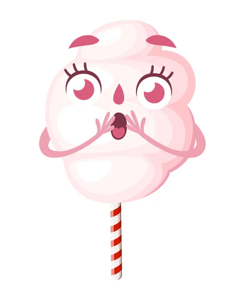 Dulce algodón rosa de azúcar. Diseño de personajes de estilo de dibujos animados. Mascota con cara sorprendida. Ilustración vectorial aislada sobre fondo blanco. Página web y diseño de aplicaciones móviles — Vector de stock