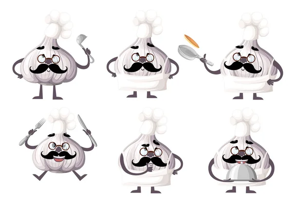 Conjunto de diseño de carácter ajo. Herramientas de cocina mascota de ajo. El concepto de cocinero. Ilustración vectorial aislada sobre fondo blanco. Página del sitio web y diseño de aplicaciones móviles — Archivo Imágenes Vectoriales