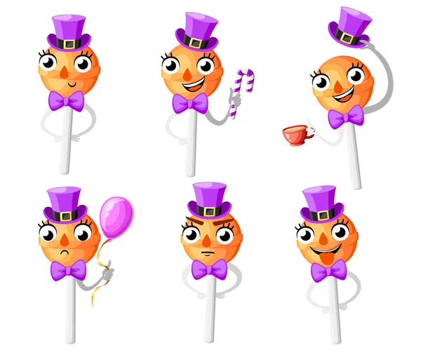 Set of orange lollipops. Cartoon style character design. Lollipop with hat and bow tie. Vector illustration isolated on white background. Web site page and mobile app design