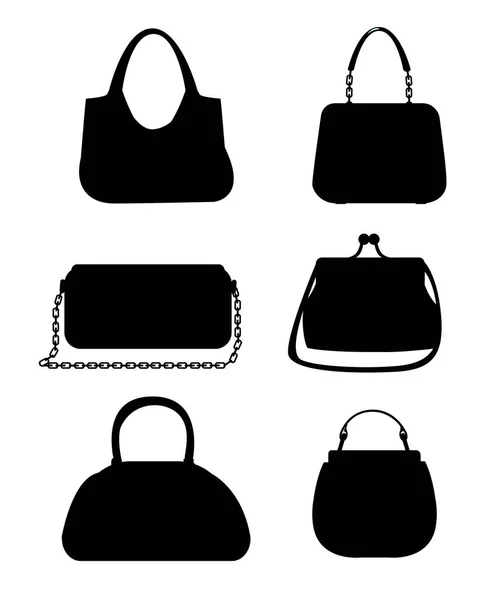 Siluetas negras. Conjunto de bolsas femeninas. Seis variantes de bolso. Ilustración vectorial aislada sobre fondo blanco. Página del sitio web y diseño de aplicaciones móviles — Vector de stock