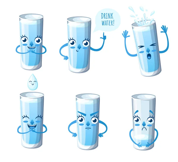 Set de vaso con agua. Diseño de personajes de estilo de dibujos animados. Mascota con diferentes emociones. Bebe más agua. Ilustración vectorial aislada sobre fondo blanco. Página web y diseño de aplicaciones móviles — Vector de stock