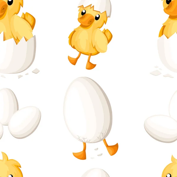 卵からアヒルの子ハッチのシームレスなパターン。漫画のスタイルのかわいいアヒルの子。白の背景にベクトル イラスト。Web サイト ページとモバイル アプリの設計 — ストックベクタ