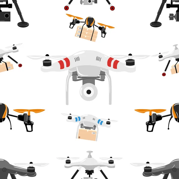 Nahtloses Muster auf Quadrocopter. Drohnen schweben. Quadrokopter transportieren Fracht und halten eine Kamera. Vektor-Illustration auf weißem Hintergrund. Webseite und mobiles App-Design — Stockvektor