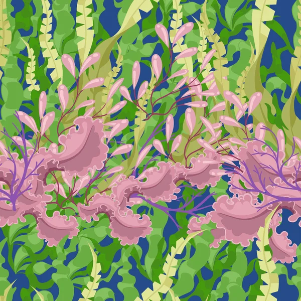 海の植物、葉、海藻とのシームレスなパターン。水でカラフルな海藻。青色の背景のベクトル図。Web サイトのページとモバイル アプリの設計 — ストックベクタ