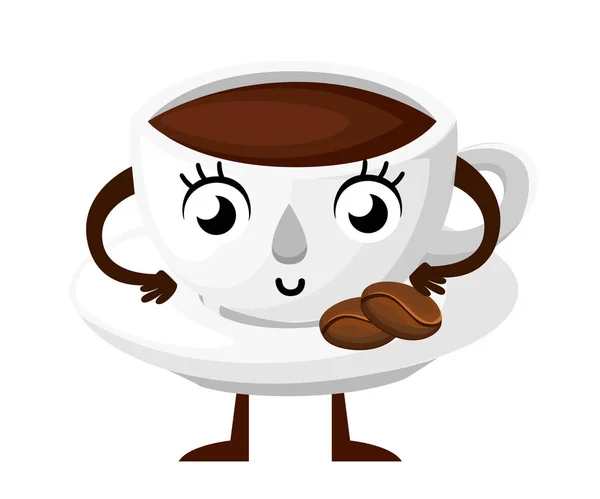 Tasse Kaffee mit Untertasse vorhanden. Zeichentrickfigur-Design. Maskottchen mit lächelndem Gesicht. Vektor-Illustration isoliert auf weißem Hintergrund. Webseite und mobiles App-Design — Stockvektor