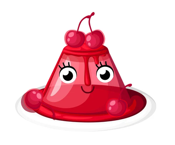 Cute merah transparan cherry jelly di piring. Desain karakter bergaya kartun. Maskot dengan wajah tersenyum. Makanan penutup gelatin buah dihias ceri. Ilustrasi vektor diisolasi pada latar belakang putih - Stok Vektor