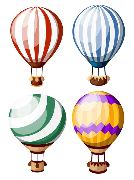 Set de globos de aire caliente de colores. Cuatro globos con patrón difiriente. Ilustración vectorial aislada sobre fondo blanco. Página web y diseño de aplicaciones móviles — Archivo Imágenes Vectoriales