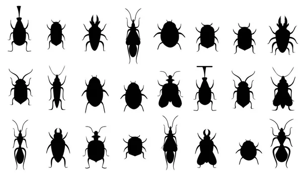 Черные силуэты. Коллекция жуков. Силуэт насекомых. Векторная иллюстрация изолирована на белом фоне. Веб-сайт и дизайн мобильных приложений — стоковый вектор