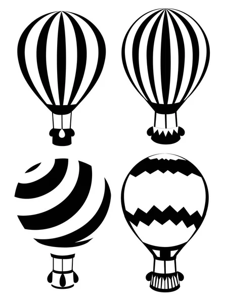 Siyah ve beyaz sıcak hava balonları kümesi. Dört balonlar renkli desenli. Beyaz arka plan üzerinde izole vektör çizim. Web sayfası ve mobil uygulaması tasarım — Stok Vektör