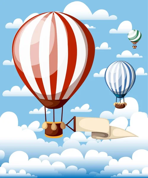 Forró levegő léggömbök. Piros léggömb szalagot a kék ég. Vektoros illusztráció elszigetelt a felhők, a háttérben. Honlap- és design mobil app — Stock Vector