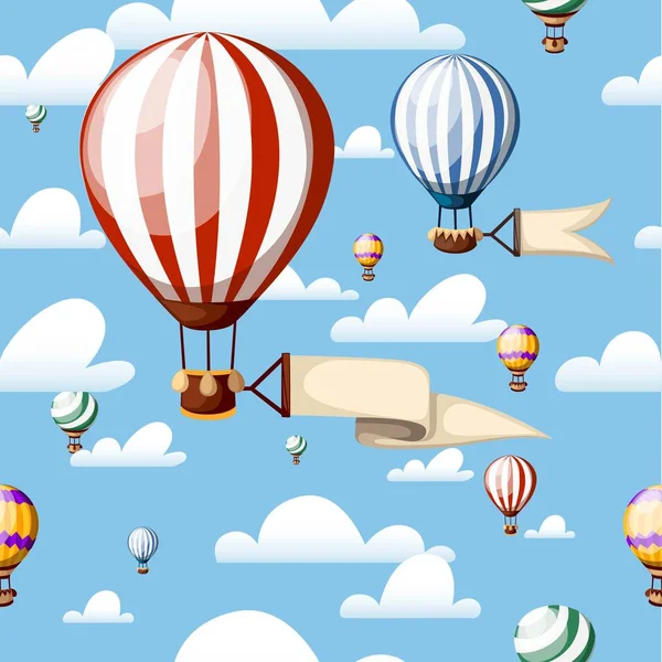 Nahtloses Muster. Heißluftballons. Roter Luftballon mit Schleife am blauen Himmel. Vektor-Illustration isoliert mit Wolken auf dem Hintergrund. Webseite und mobiles App-Design — Stockvektor