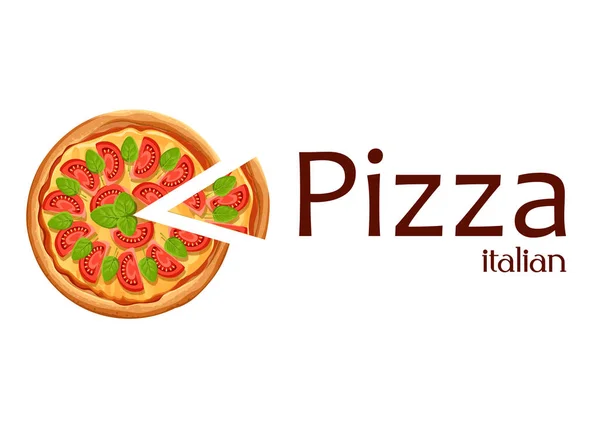 Pizza com fatia. Pizza Margherita com tomate, queijo e orégano. Cartaz para design, restaurante, café, pizzaria. Ilustração vetorial isolada com lugar para o seu texto sobre fundo branco — Vetor de Stock